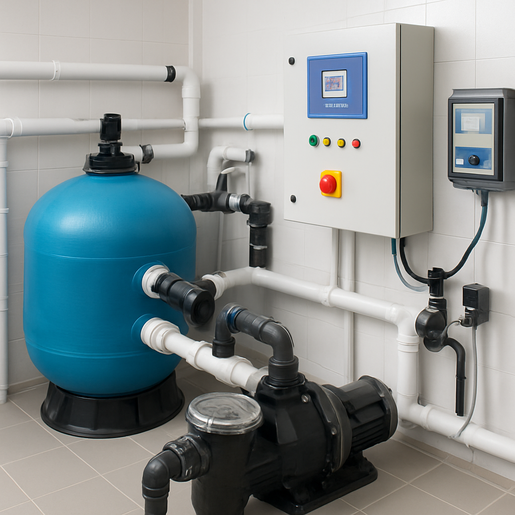 Nahaufnahme eines Betriebsraums mit Filteranlage und Messinstrumenten zur Wasserüberwachung; Fokus auf Technik und Sicherheit