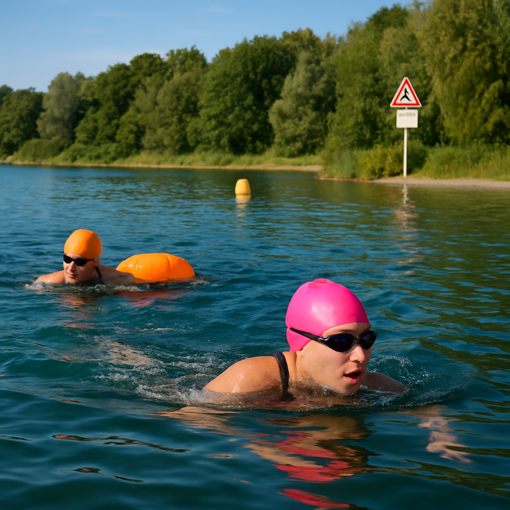 Offenes Gewässer (See) mit zwei Schwimmern in auffälligen Badekappen und einer Begleitboje; sichtbare Ufermarkierungen und Hinweisschilder