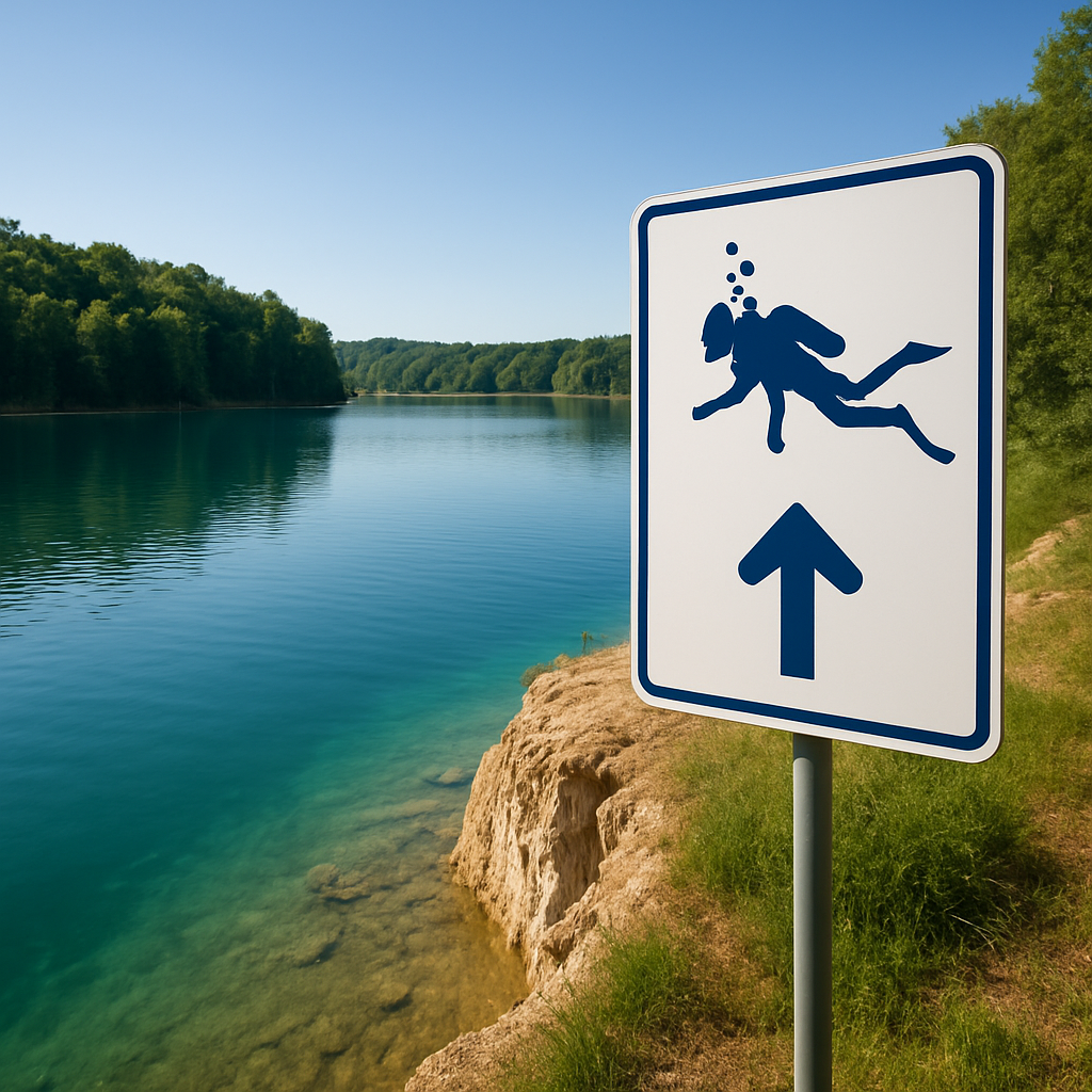 Ein stiller klarer See mit sichtbarer Steilkante und Tauchschild am Ufer; Caption: "Beliebte Tauchseen: oft gut zugänglich und ideal für Einsteiger"; Alt: "Klarer Tauchsee mit Steilkante und Infotafel am Ufer"
