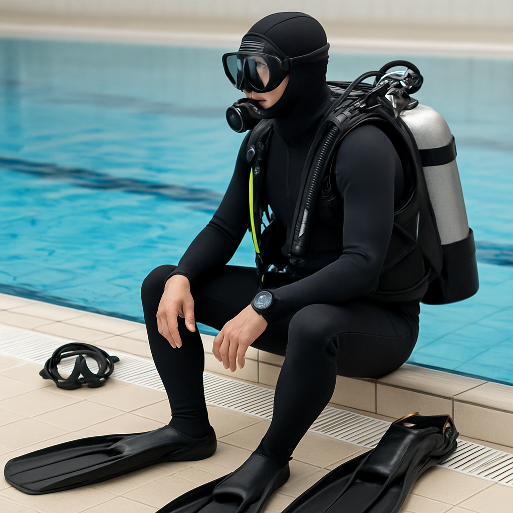 Voll ausgestatteter Taucher am Beckenrand: Maske, Flossen, Jacket, Flasche, Tauchcomputer; Caption: "Basis- vs. persönliche Ausrüstung: Maske und Anzug sind oft erste Käufe"; Alt: "Tauchausrüstung am Beckenrand"