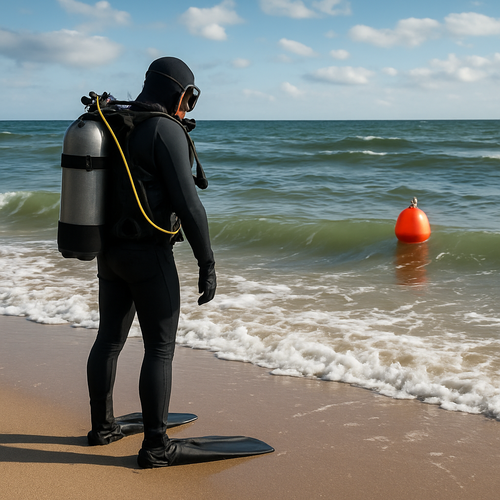 Küstentauchszene: Taucher an einer sandigen Nordseeküste mit sichtbarer Brandung, Boje im Wasser; Caption: "Küstentauchen erfordert Planung: Gezeiten und Strömung im Blick behalten"; Alt: "Taucher an der Nordseeküste mit Boje und Wellen"