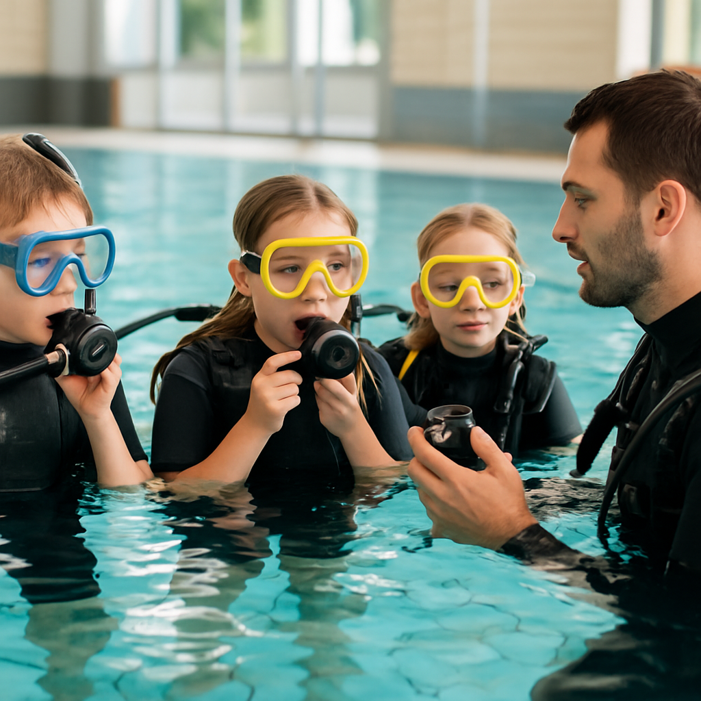Kinder im warmen Schwimmbad üben mit einem Tauchlehrer einfache Atemübungen; Caption: "Spielerisch beginnen: Schwimmbadtraining für Kinder und Einsteiger"; Alt: "Kinder im Schwimmbad mit Tauchlehrer beim Üben"