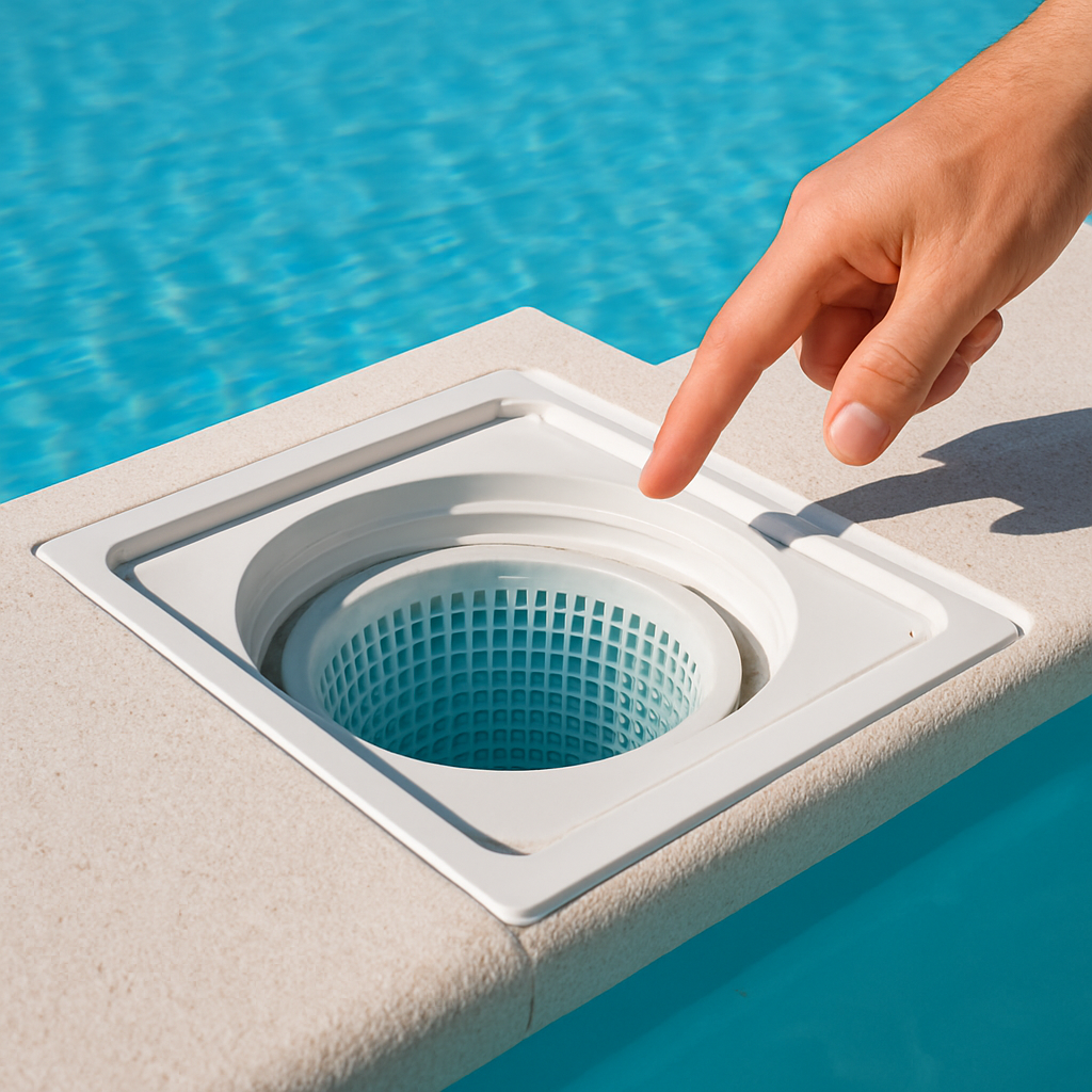 Nahaufnahme eines Skimmers mit wassergefülltem Korb und sichtbarem Wasserstand; eine Hand zeigt auf die Skimmeröffnung