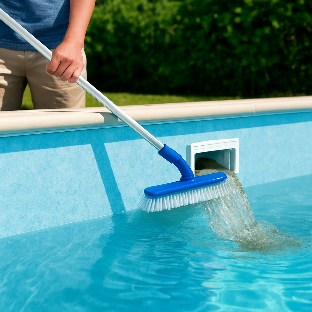 Person bürstet die Poolwand mit einer weichen Poolbürste, Schmutzwasser fließt sichtbar in Richtung Skimmer