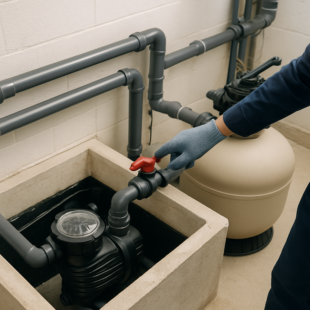 Technikraum eines Pools: Offener Pumpenschacht, Filter und Rohre; eine Person zeigt mit Handschuh auf ein Ventil