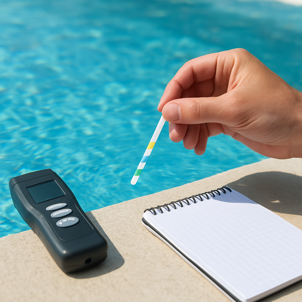 Hand mit Teststreifen über einem klaren Pool; daneben liegt ein digitales Messgerät und ein Notizblock