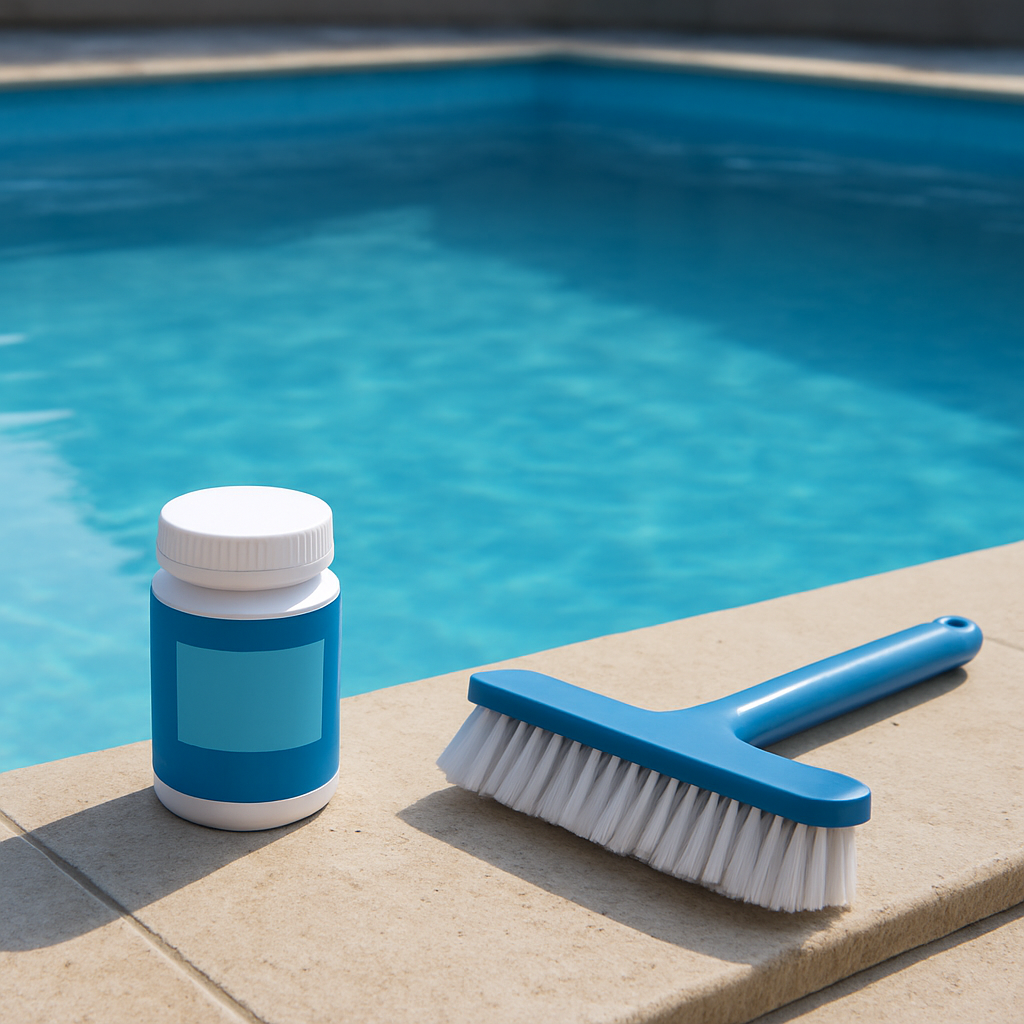 Ein klarer Pool, die Wasseroberfläche ruhig; im Vordergrund eine kleine Dose Algenmittel und ein Pinsel auf dem Beckenrand