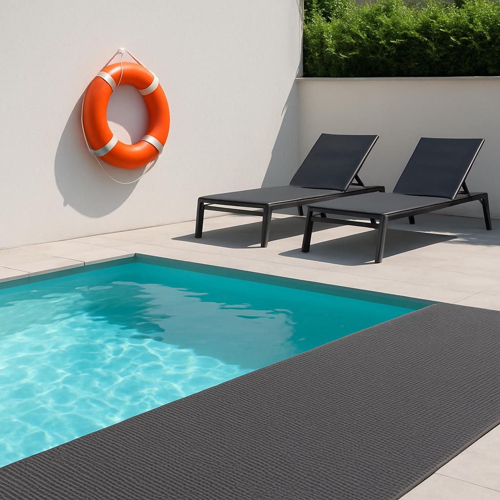 Poolumgebung mit rutschhemmender Matte, Rettungsring an der Wand und ordentlich aufgeräumten Liegen
