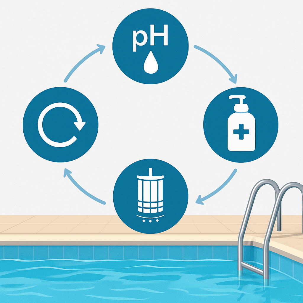 Grafik oder Illustration: Zusammenspiel von pH-Wert, Desinfektion, Filtration und Umwälzung in einem Pool - schematische Darstellung mit Icons