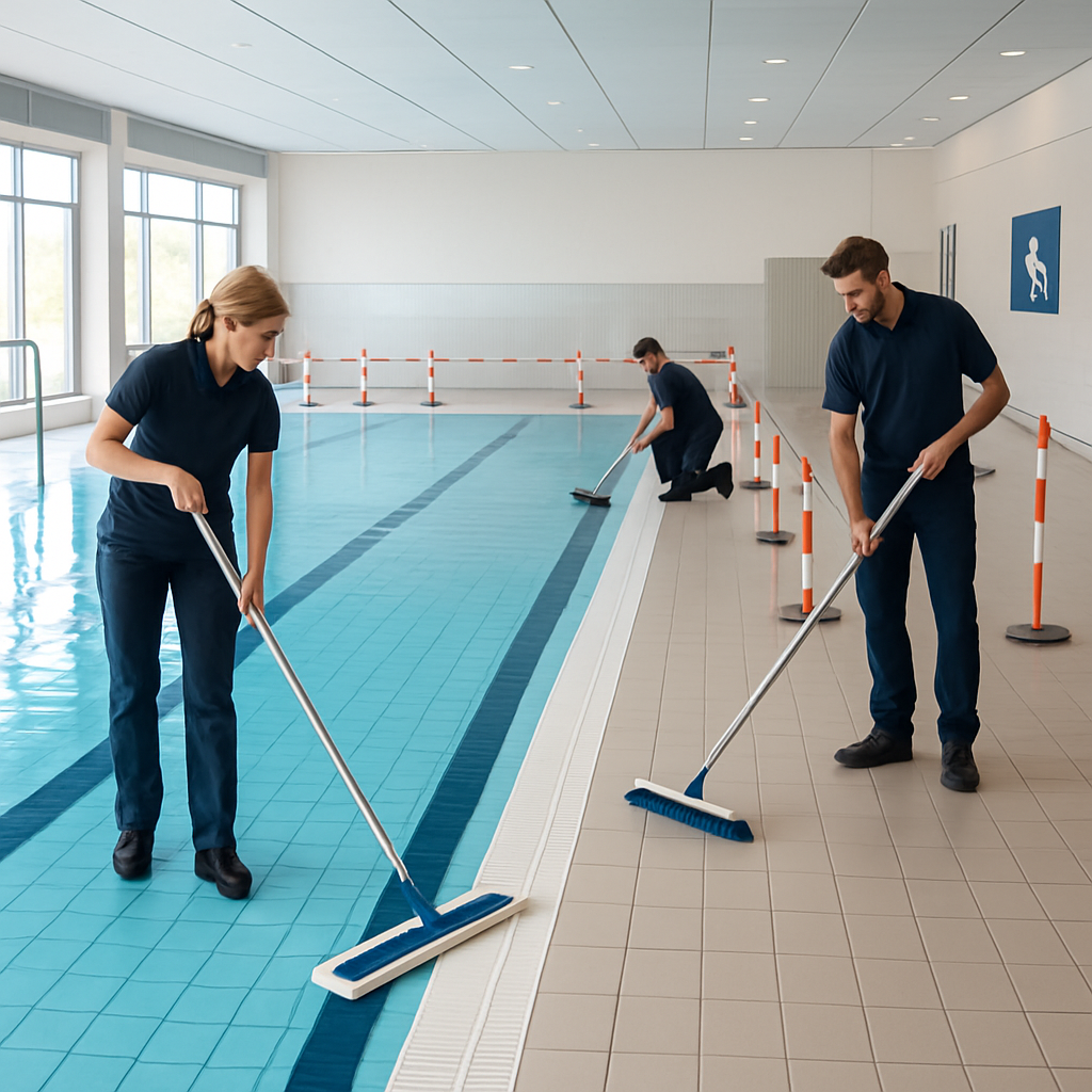 Weitwinkelaufnahme eines modernen Schwimmbads mit mehreren Mitarbeitern bei der Reinigung von Laufwegen und Beckenrand, dezente Beschilderung und Absperrungen sichtbar