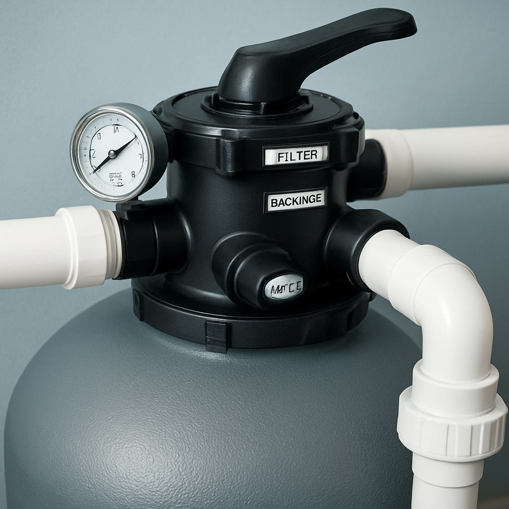 Detailaufnahme einer Filteranlage (Sandfilter) mit angeschlossenem Manometer, klar beschriftete Ventile und Rückspülanschluss