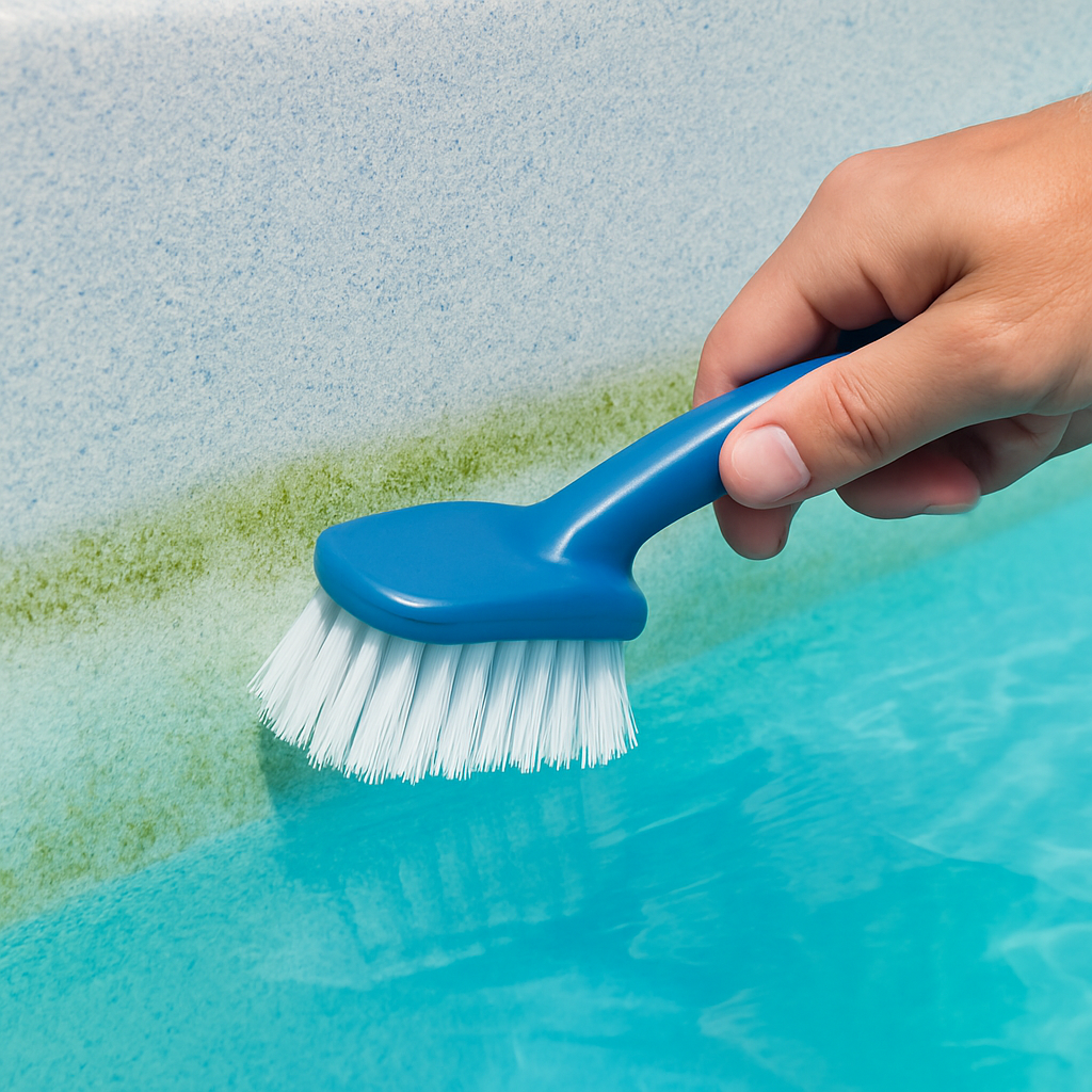 Nahaufnahme glitschiger Poolwand mit leicht grünlicher Verfärbung an der Wasserlinie, Hand mit Bürste in Aktion