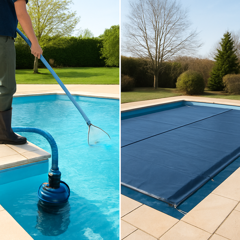 Zweigeteilte Bildmontage: links Reinigung und Befüllen im Frühjahr, rechts Wintervorbereitung mit Abdeckung und abgesenktem Wasserstand