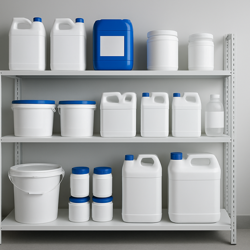 Symbolbild Lagerraum für Poolchemie mit sicheren Regalen, klarer Kennzeichnung und verschlossenen Behältern