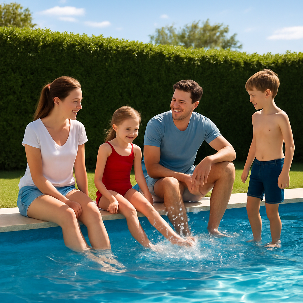Familie am Pool mit Sonnenschein, Hecke als Windschutz im Hintergrund - Caption: "Sonnige Lage mit natürlichem Windschutz reduziert Pflegeaufwand." - Alt: "Familie am Pool, Hecke als Windschutz"