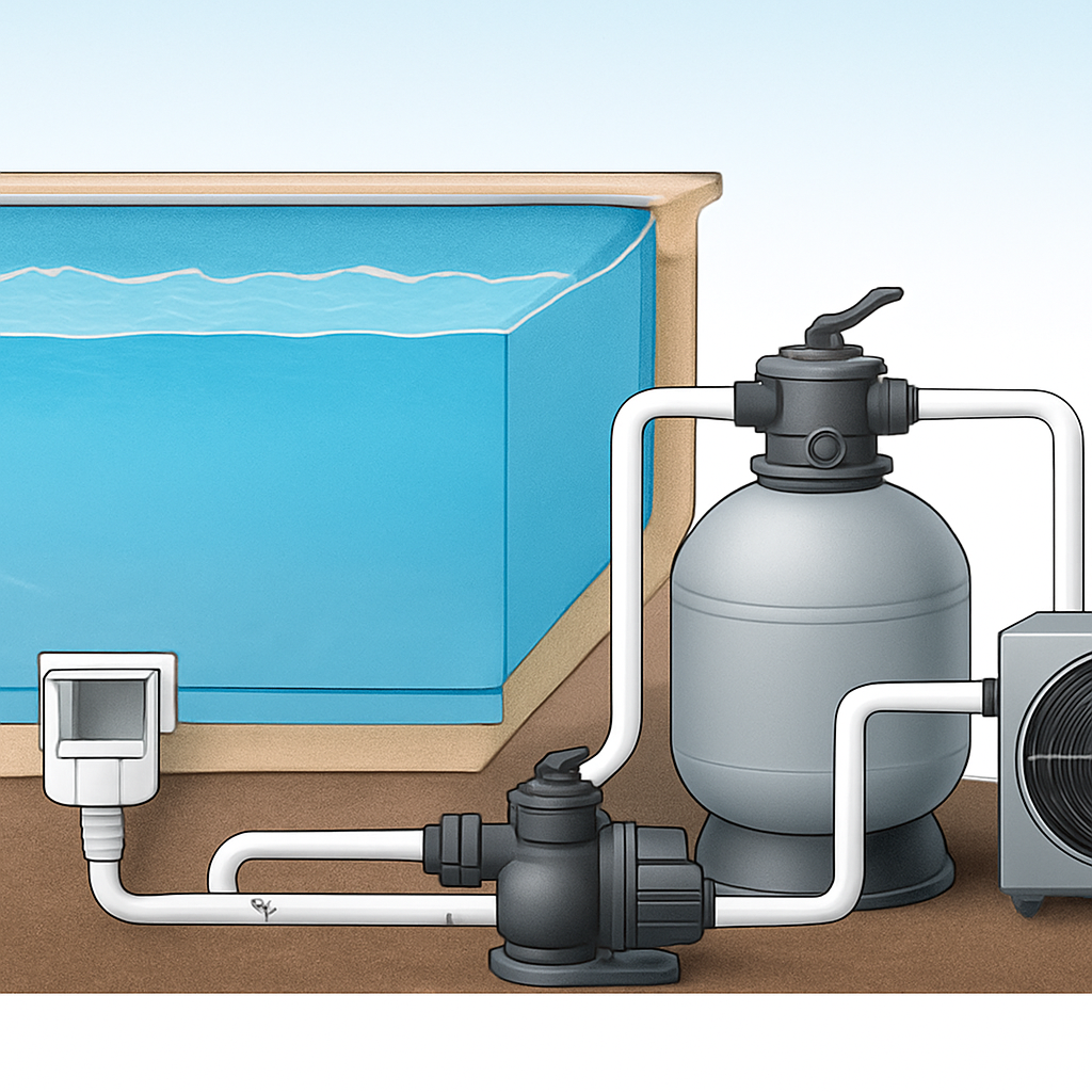 Querschnitt einer Pooltechnik mit Skimmer, Sandfilter, Umwälzpumpe und Wärmepumpe, klar beschriftet - Caption: "Funktionsprinzip: Skimmer, Pumpe, Filter und optionale Wärmepumpe." - Alt: "Diagramm Pooltechnik mit Skimmer, Pumpe und Filter"