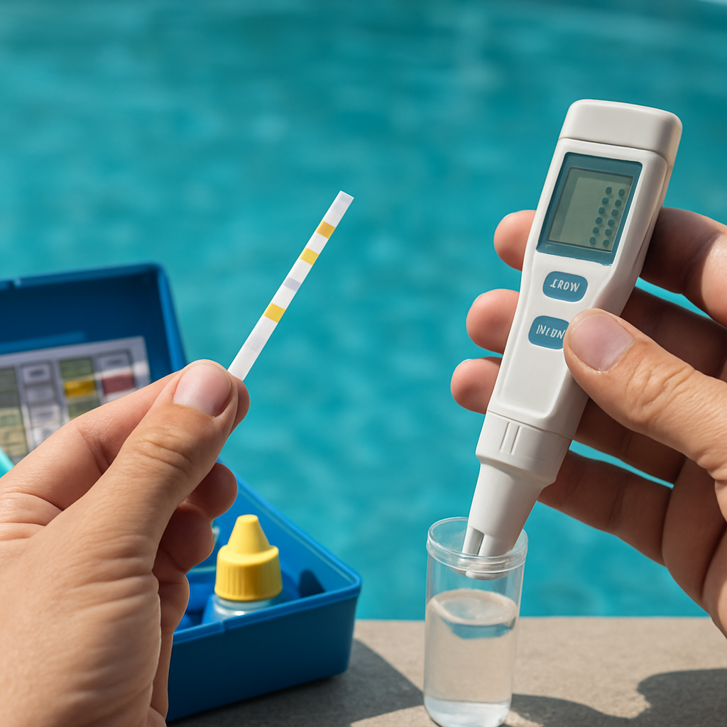 Close-up eines Poolwasser-Test-Kits mit Streifen und Messgerät, Hände prüfen pH und Chlor - Caption: "Regelmäßige Messungen sichern stabile Wasserwerte." - Alt: "Poolwasser-Test-Kit, pH- und Chlor-Messung"