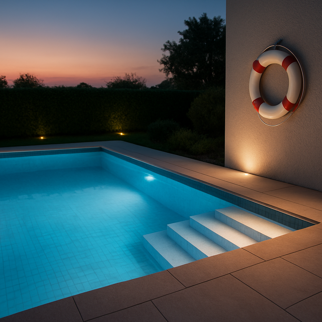 Poolbereich bei Dämmerung mit gutem Licht, Rettungsring an der Wand, rutschfeste Stufen sichtbar - Caption: "Beleuchtung, Rettungsmittel und rutschfeste Wege erhöhen die Sicherheit." - Alt: "Beleuchteter Pool bei Dämmerung mit Rettungsring und rutschfesten Stufen"