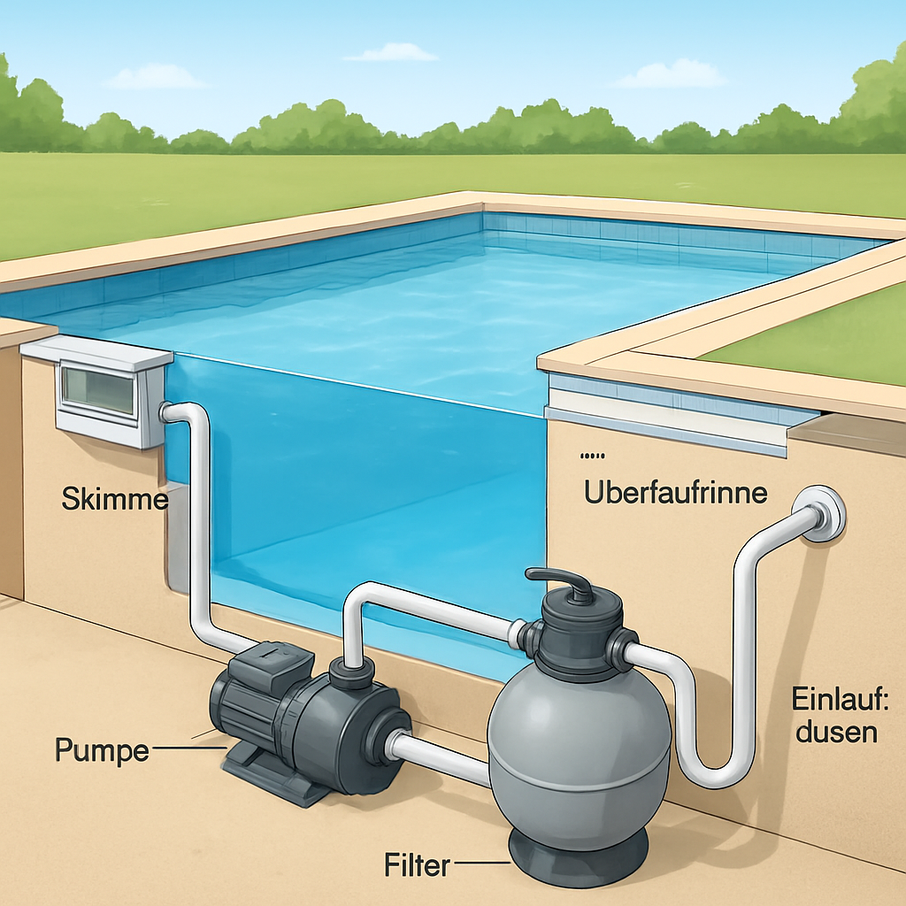 Querschnittsgrafik eines Pools mit beschrifteten Komponenten (Becken, Skimmer, Überlaufrinne, Pumpe, Filter, Einlaufdüsen); Caption: "Die wichtigsten technischen Komponenten eines Pools im Überblick"; Alt: "Querschnitt Pool mit Technikkomponenten"