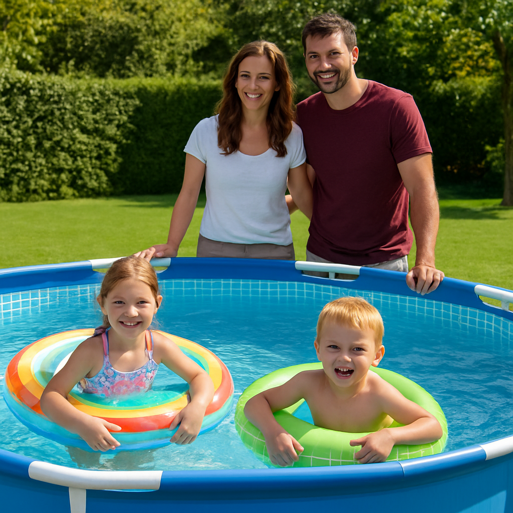 Familie neben einem Aufstellpool im Garten, Kinder mit Planschzeug; Caption: "Aufstellpools sind ideal für Familien, die flexibel bleiben wollen"; Alt: "Familie neben Aufstellpool im Garten"