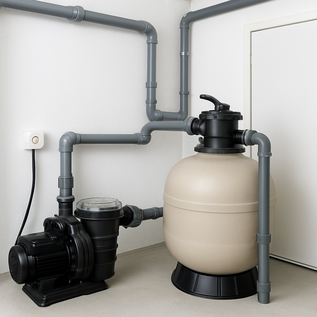 Technikraum eines Pools mit Pumpe und Sandfilter, klar beschriftet; Caption: "Ein gut erreichbarer Technikraum erleichtert Wartung und Fehlerdiagnose"; Alt: "Pool-Technikraum mit Pumpe und Filter"