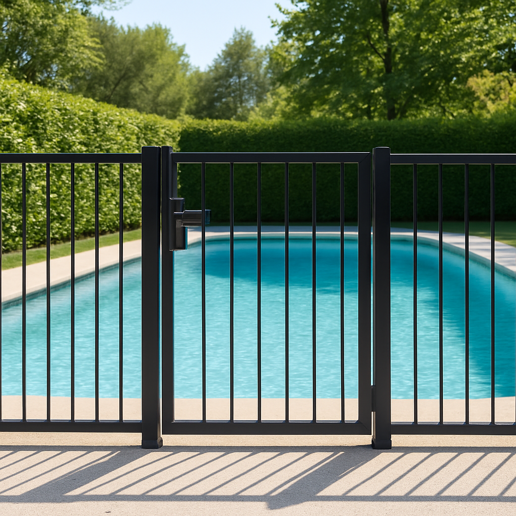 Kindersicherer Zaun mit verschließbarem Tor am Pool; Caption: "Kindersichere Abtrennung schützt vor unbeaufsichtigtem Zugang"; Alt: "Zaun mit geschlossenem Tor am Pool"