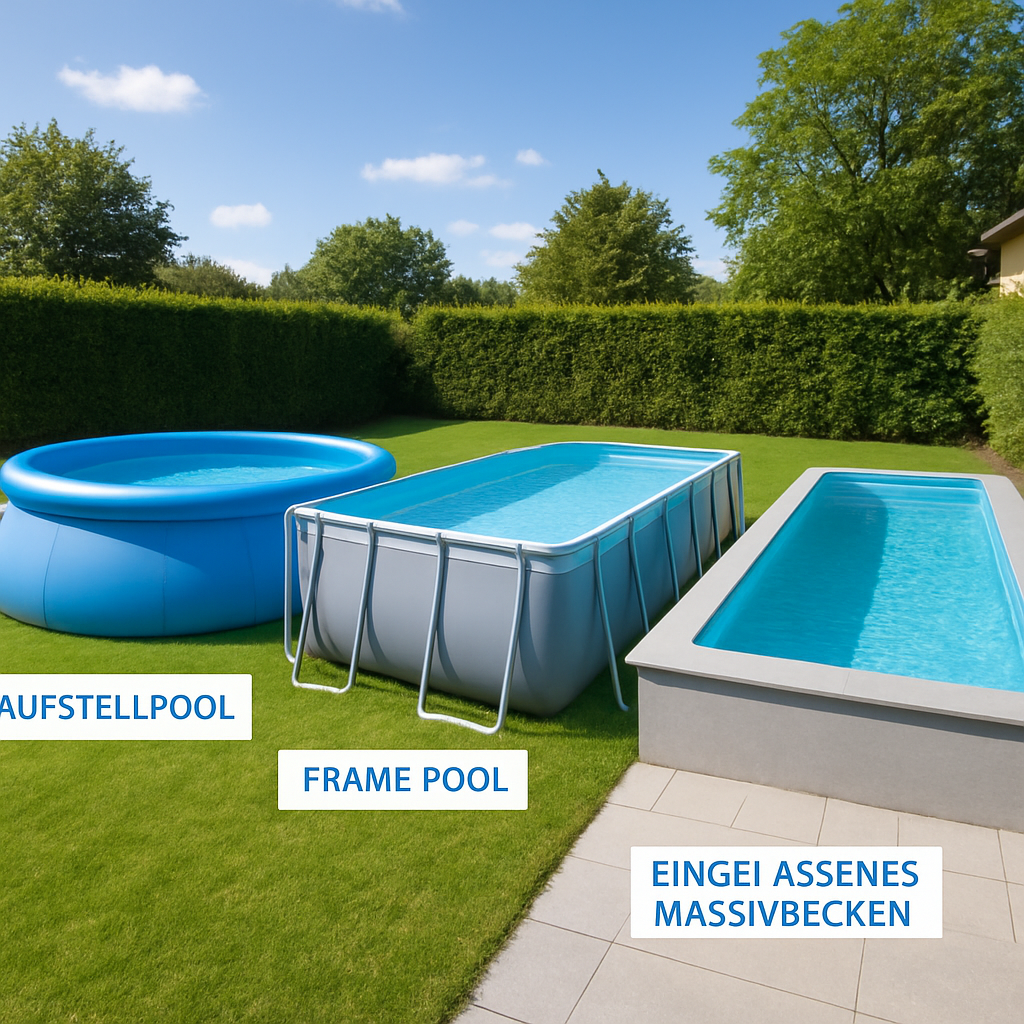 Vergleich verschiedener Pooltypen nebeneinander: Aufstellpool, Frame-Pool, Stahlwandpool und eingelassenes Massivbecken, erklärende Beschriftungen