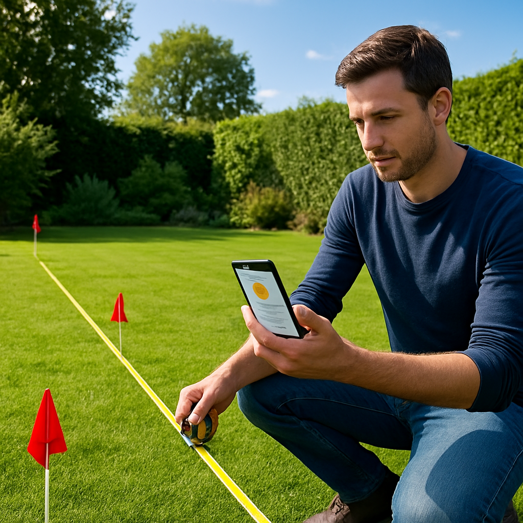 Vermessung eines Gartens mit Maßband und Markierungsfahnen; Person prüft Sonneneinstrahlung mit Smartphone-App