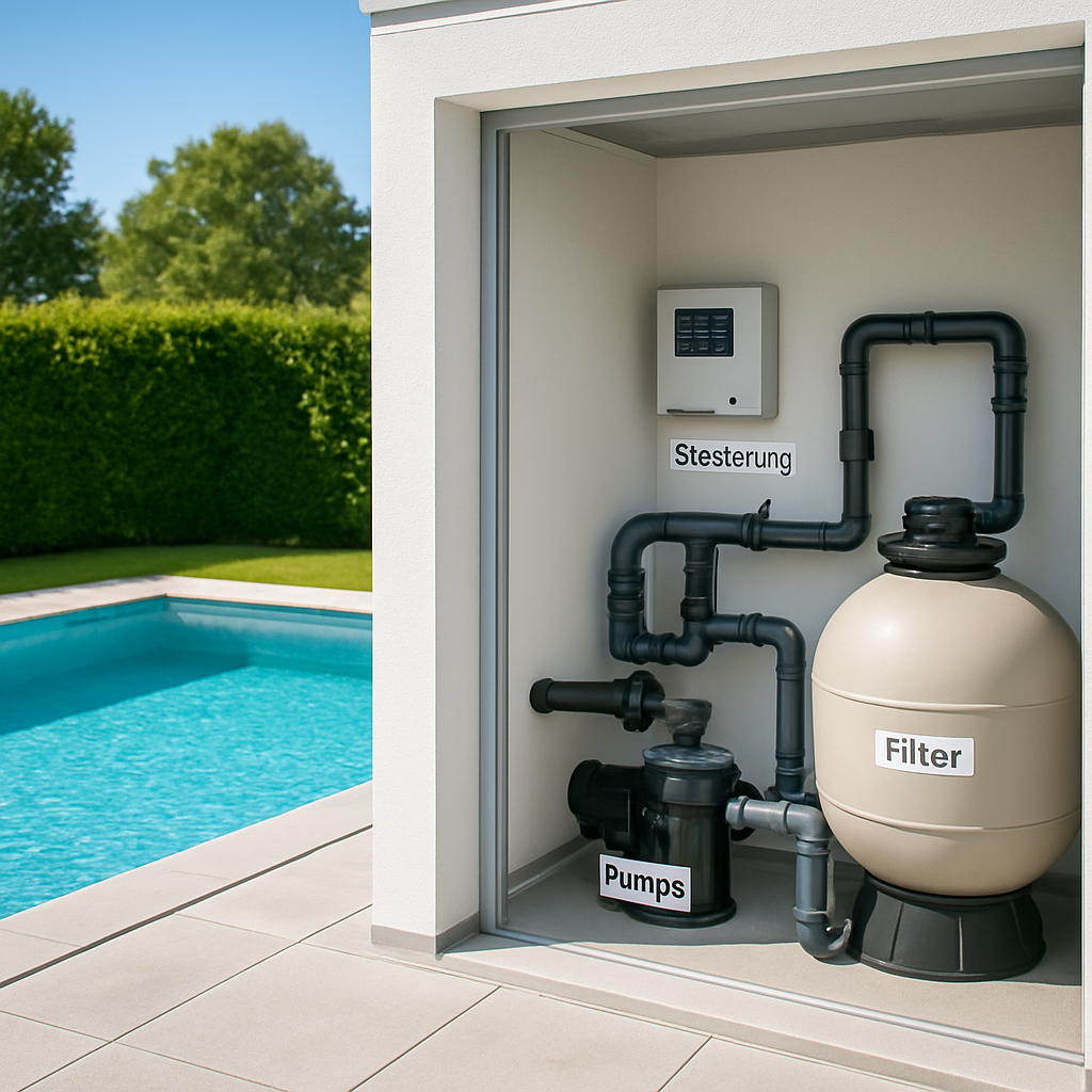 Aufgeräumter Technikraum neben einem Gartenpool mit Pumpe, Filter und Steuerung; Beschriftungen der Komponenten sichtbar