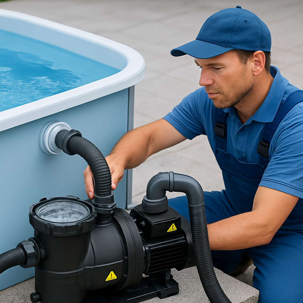 Techniker demonstriert Anschluss einer Filterpumpe an ein kleines Poolbecken; Fokus auf Anschlüsse und Sicherheitskennzeichnungen