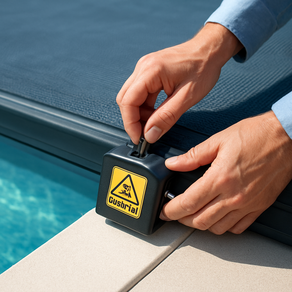 Kindersichere Poolabdeckung wird von einer Person verriegelt; Sicht auf Verriegelungsmechanismus und Warnhinweis