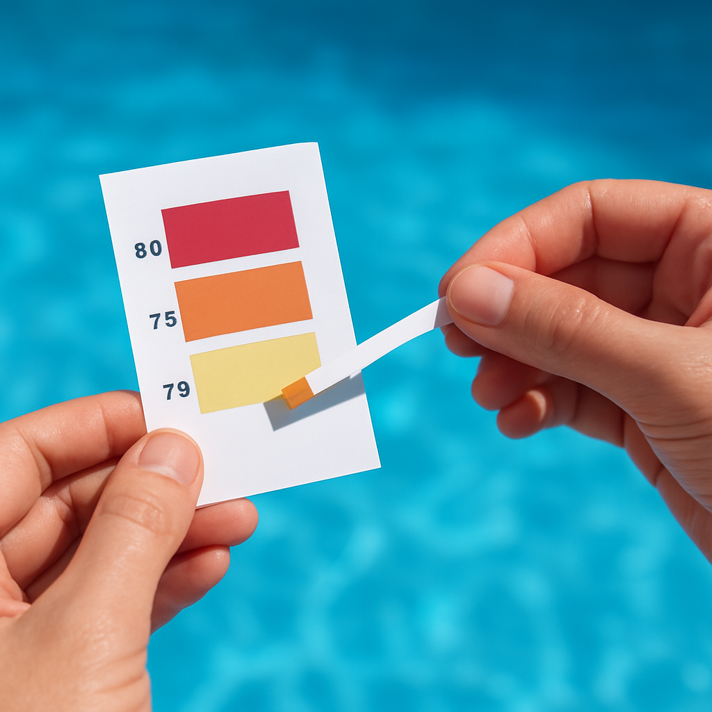 Person testet den pH-Wert eines Poolwassers mit Teststreifen und hält Ergebniskarte; Nahaufnahme des Teststreifens