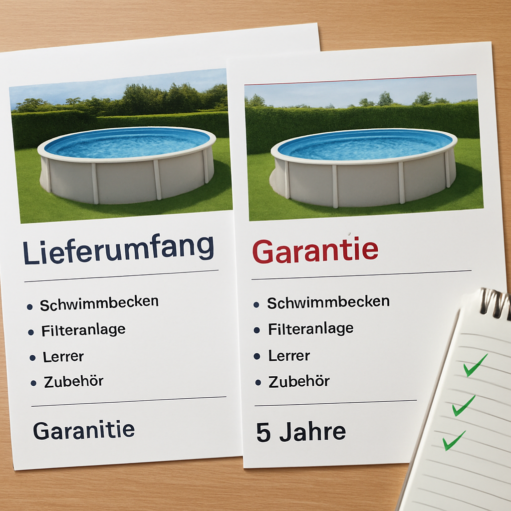 Zwei Angebote werden nebeneinander gelegt, Notizen mit Häkchen; Fokus auf Lieferumfang und Garantiedetails