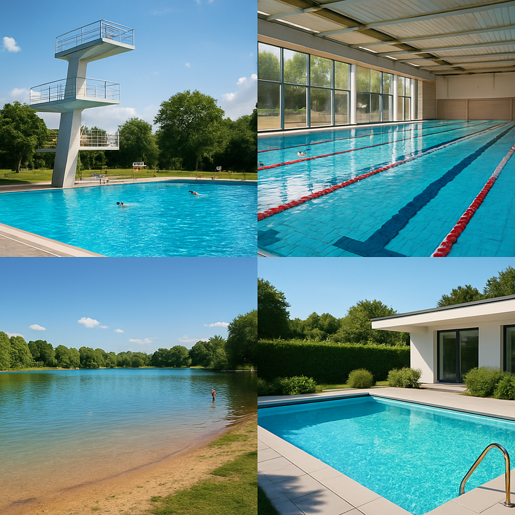 Panorama mit vier Quadranten: Freibad mit Sprungturm, Hallenbad mit Bahnen, ein Badesee mit flachem Ufer und ein privater Gartenpool