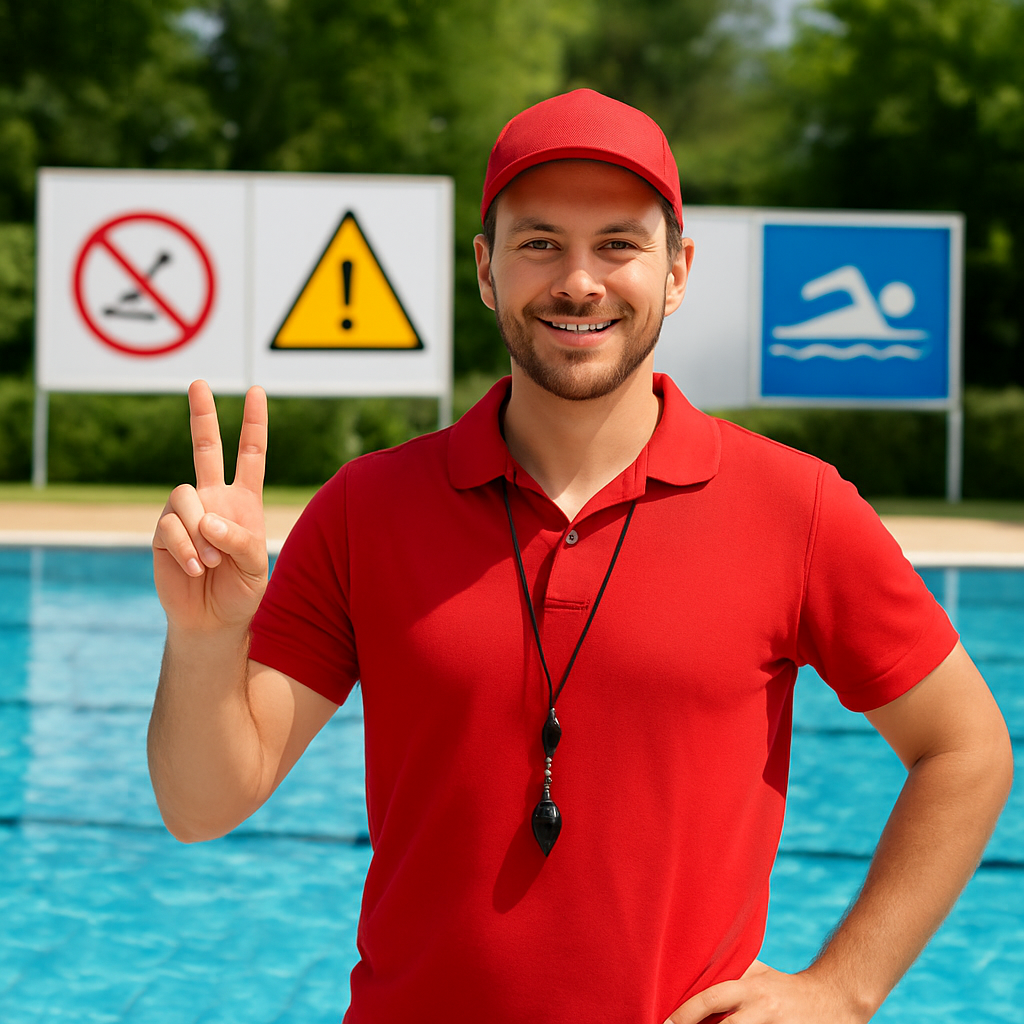 Bademeister zeigt mit Handzeichen typische Sicherheitsregeln am Beckenrand, gut sichtbare Schilder im Hintergrund