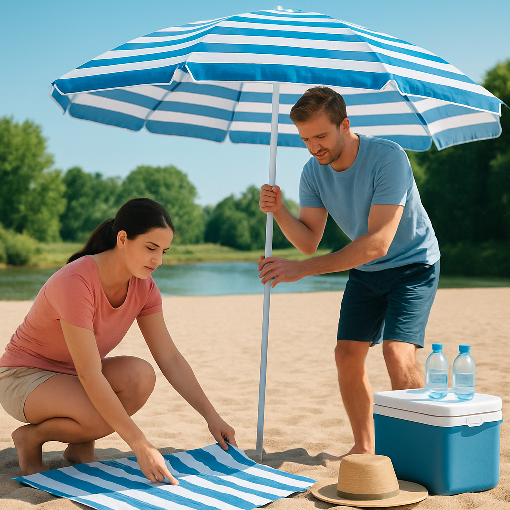 Eltern richten einen Schattenplatz ein: Sonnenschirm, Handtücher, Kühlbox mit Wasserflaschen und Hut für das Kind