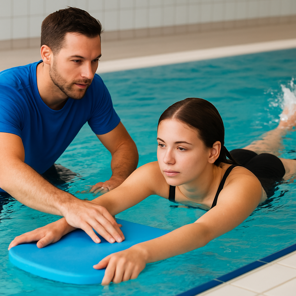 Ein Schwimmlehrer an der Beckenwand zeigt einer Anfängerin Beinschläge mit Schwimmbrett, Nahaufnahme auf Körperlage