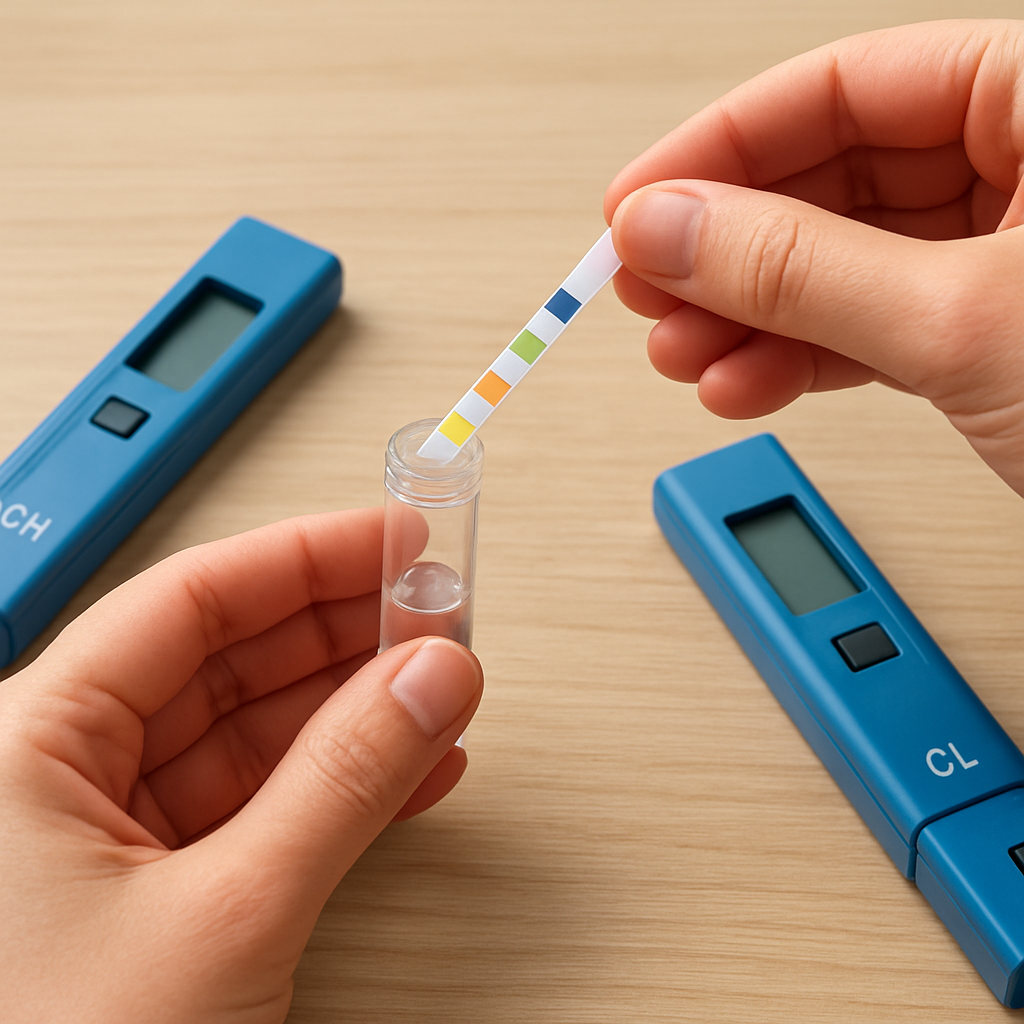 Pooltest-Set: Hände halten Teststreifen über ein kleines Probengefäß, auf dem Tisch liegen pH- und Chlormessgeräte