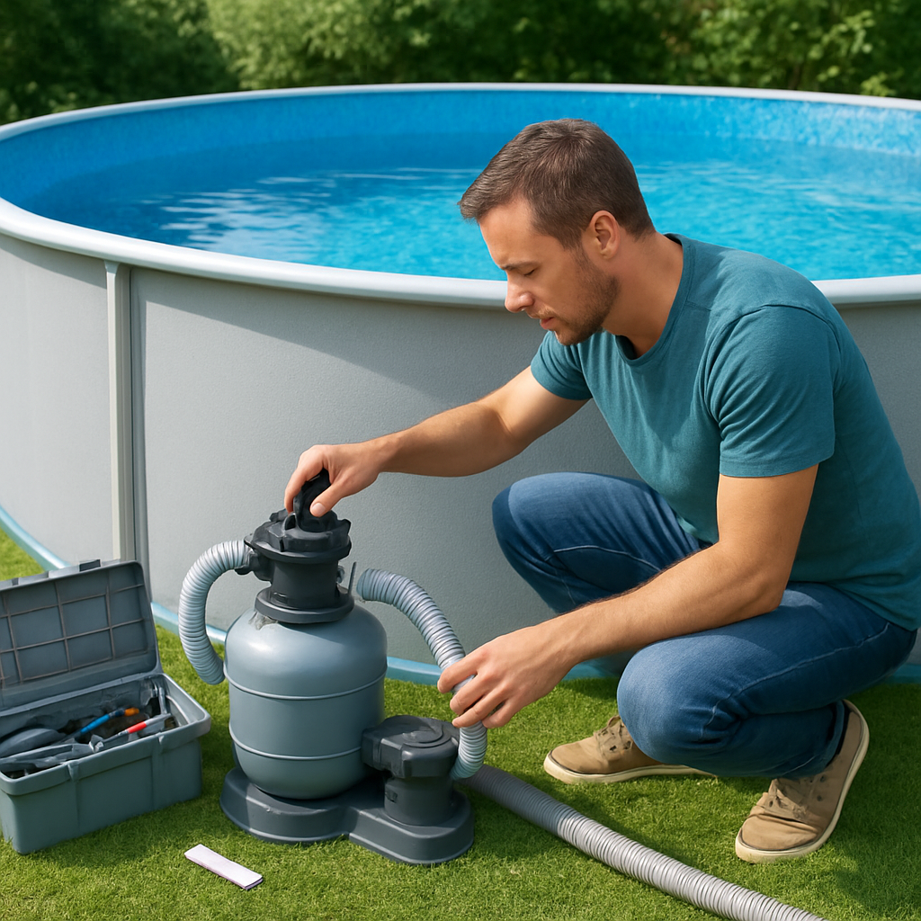 Besitzer prüft Pumpe und Filter eines aufgestellten Gartenpools, Werkzeugkiste und Teststreifen neben dem Becken