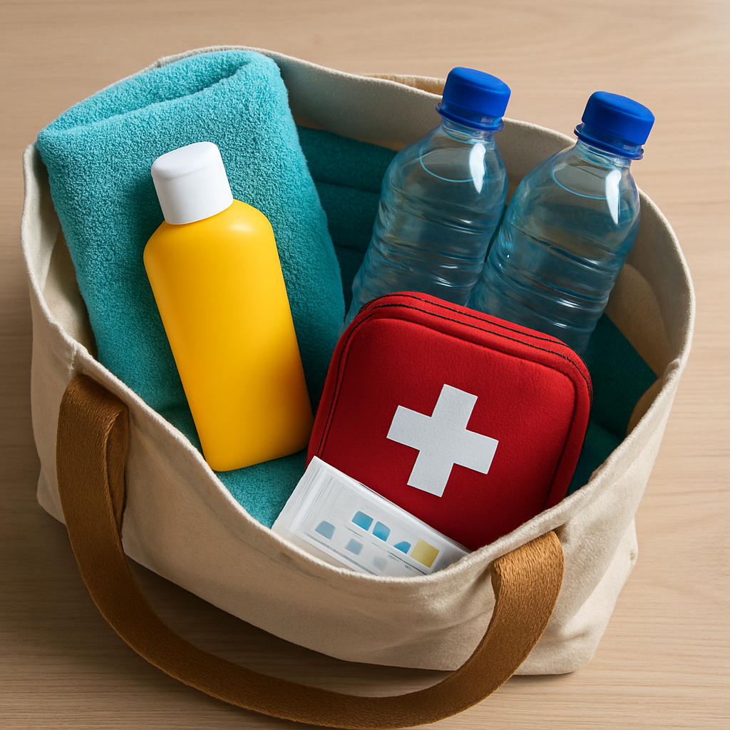 Offene Badetasche mit Sonnencreme, Wasserflaschen, Erste-Hilfe-Set, Handtuch und Teststreifen sichtbar
