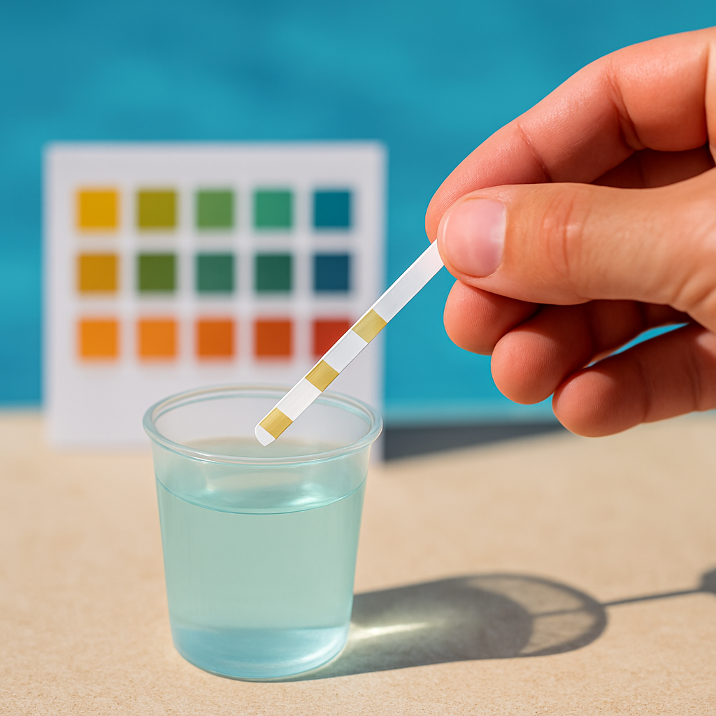 Close-up: Eine Hand hält einen Messstreifen über einen kleinen Testbecher mit Poolwasser, deutlich ablesbare Farbskala im Hintergrund