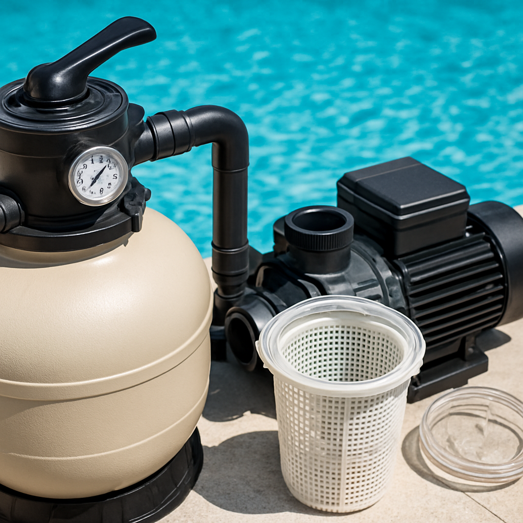 Detailaufnahme einer Poolpumpe und eines Sandfilters; die Filteranzeige ist sichtbar, Vorfilterkorb geöffnet und gereinigt