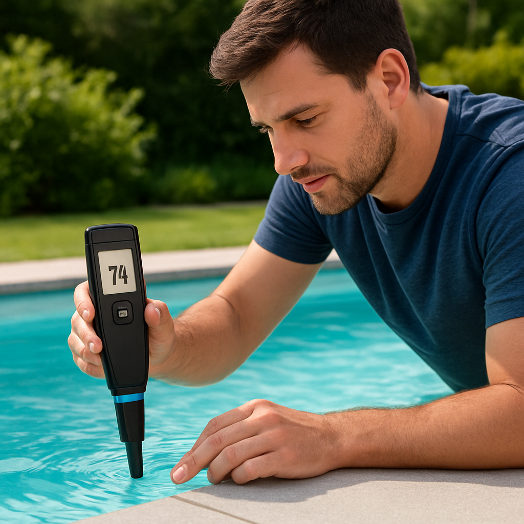 Ein Poolbesitzer misst pH-Wert mit einem digitalen Messgerät, Anzeige gut lesbar