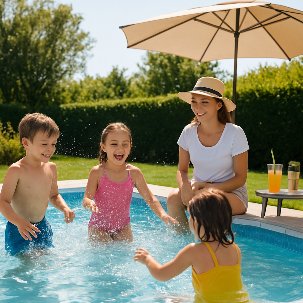 Kinder spielen im flachen Bereich eines Pools unter Aufsicht einer erwachsenen Person, Sonnenschirm und Getränke sichtbar