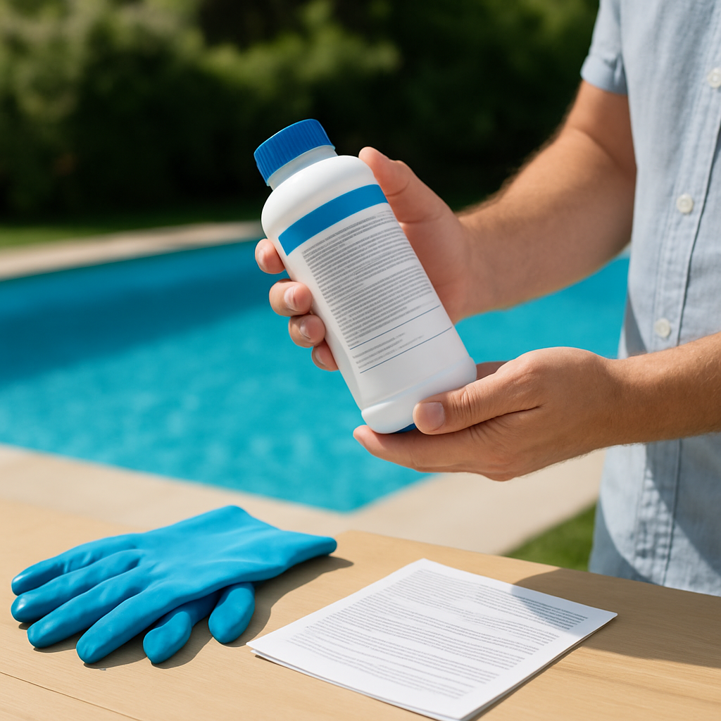 Ein Poolbesitzer hält eine Flasche mit Poolchemie, daneben liegen Handschuhe und eine Bedienungsanleitung; die Szene betont vorsichtigen Umgang mit Chemie