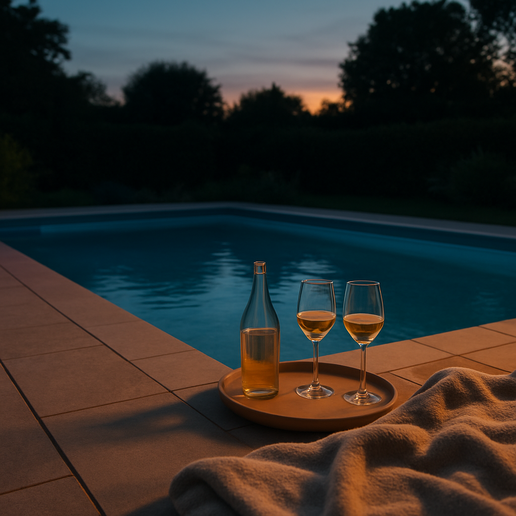 Abendstimmung am Pool: gedämpftes Licht, Decke und Getränke, eine ruhige Szene als Abschlussbild