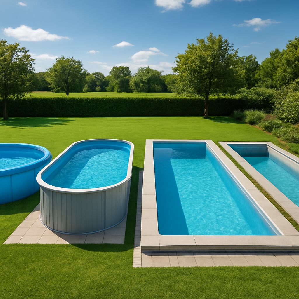 Vier Pools nebeneinander: ein einfacher Aufstellpool, ein Stahlwandpool, ein eingelassener GFK-Becken und ein individuell gebauter Betonpool in Hanglage