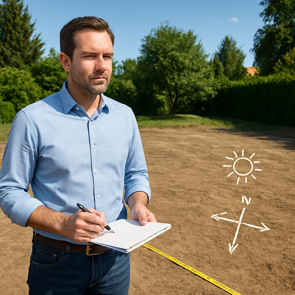 Ein Bauherr auf dem Grundstück mit Maßband, Notizblock und Sonne/Windrichtung eingezeichnet