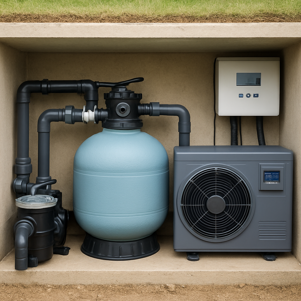 Querschnitt einer kleinen Technikinsel mit Pumpe, Filter, Wärmepumpe und Steuergerät, Beschriftungen sichtbar