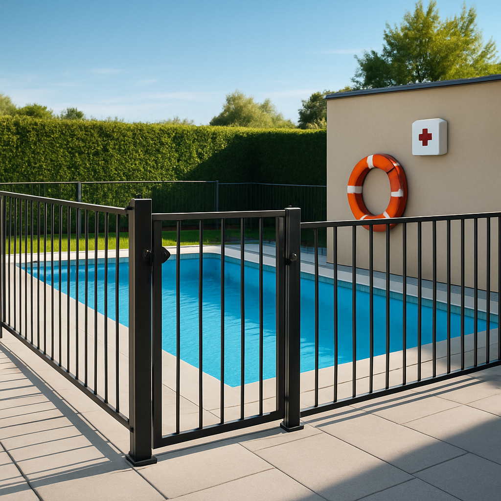 Geschlossener Poolbereich mit Zaun, selbstschließendem Tor und sichtbaren Rettungsmitteln an der Wand